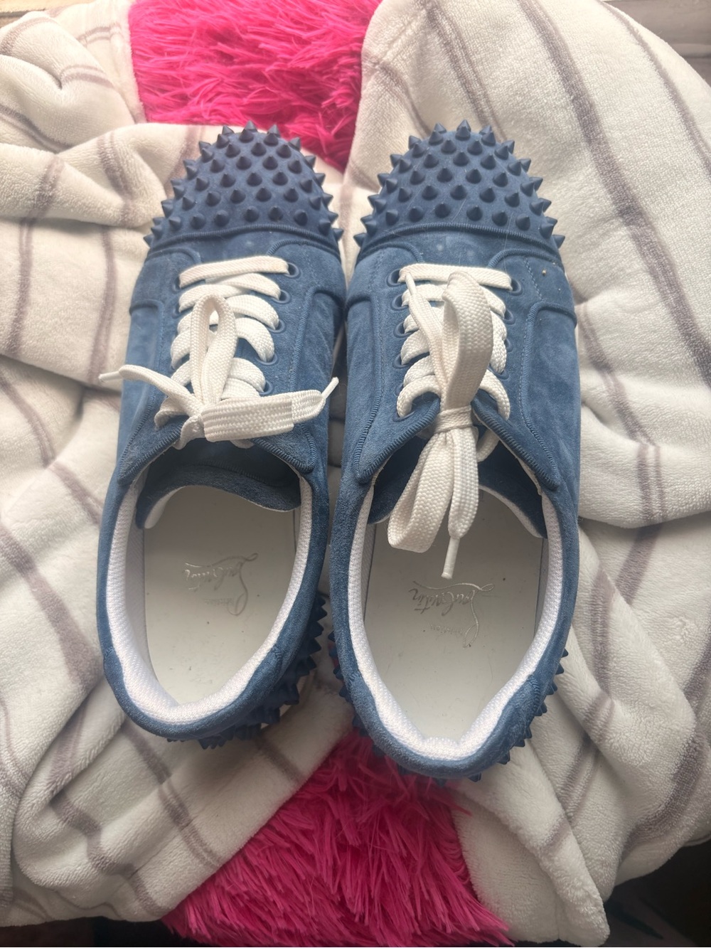 Christian Louboutin Blue Suede Spike-Trim Sneakers with White Laces